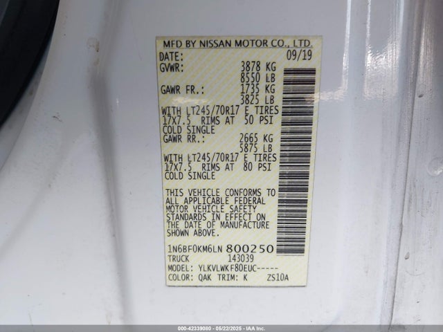 1N6BF0KM6LN800250 Nissan Nv Cargo Nv1500 S Standard Roof V6