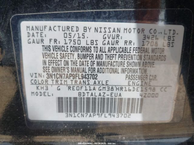 3N1CN7AP9FL943702 Nissan Versa 1.6 S+