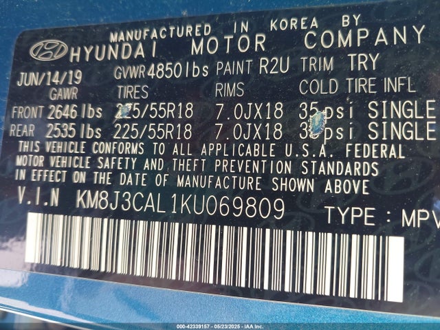 KM8J3CAL1KU069809 Hyundai gdi theta ii