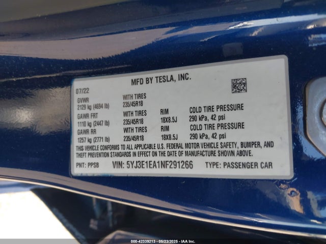 Tesla MODEL 3 2022 5YJ3E1EA1NF291266 Image 9