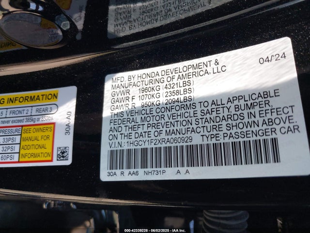 1HGCY1F2XRA060929 Honda l15be