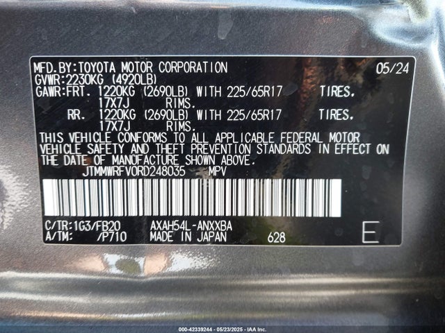 JTMMWRFV0RD248035 Toyota a25a-fxs