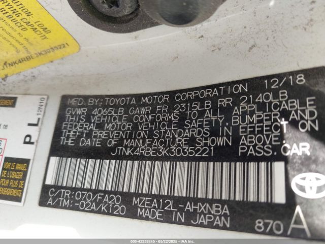 JTNK4RBE3K3035221 Toyota COROLLA SE