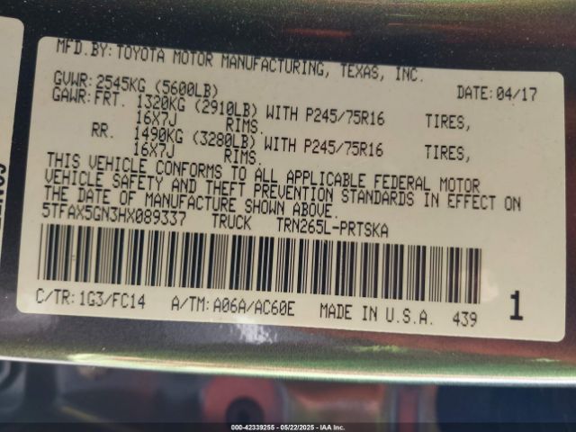 5TFAX5GN3HX089337 Toyota Tacoma Sr5