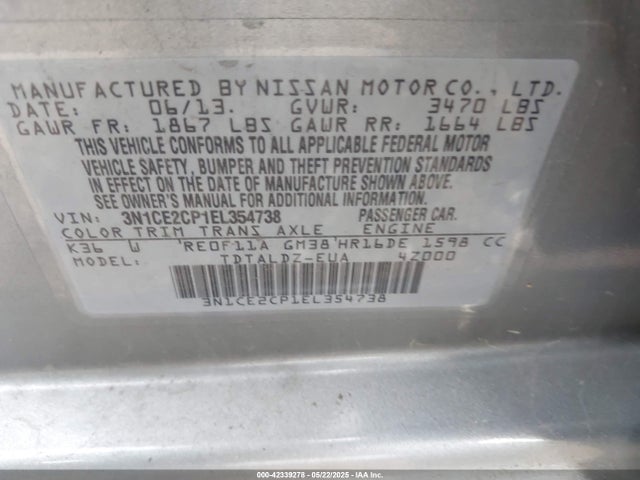3N1CE2CP1EL354738 Nissan Versa Note Sv