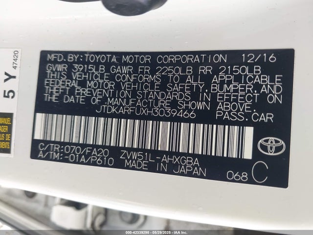 JTDKARFUXH3039466 Toyota 2zr-fxe,1nm
