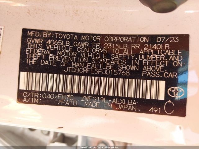 JTDBCMFE5PJ015768 Toyota 2zr-fxe, 1vm