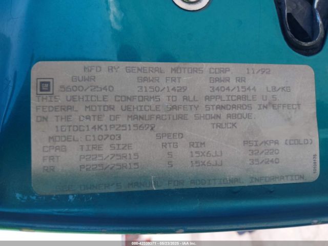 1993 GMC SIERRA 1GTDC14K1PZ515699 Photo 8