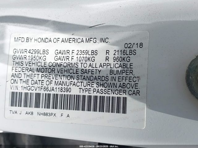1HGCV1F66JA118390 Honda Accord Ex-l
