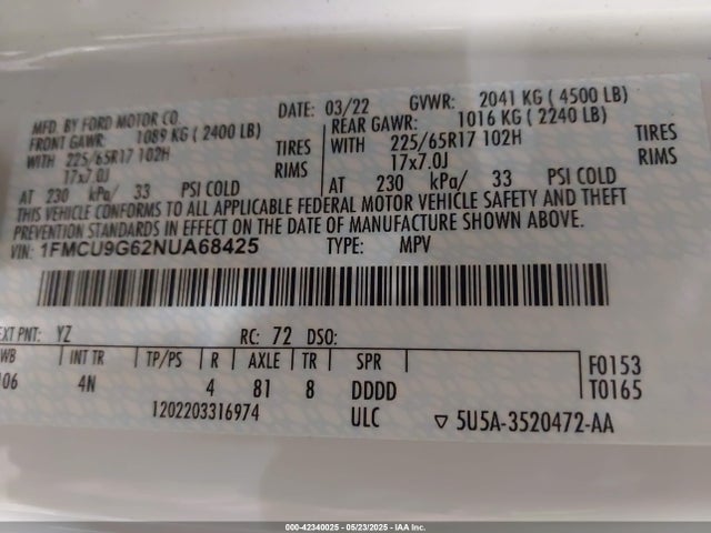 1FMCU9G62NUA68425 Ford ESCAPE SE