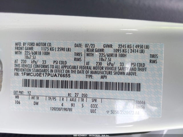1FMCU0E17PUA76655 Ford Escape Phev