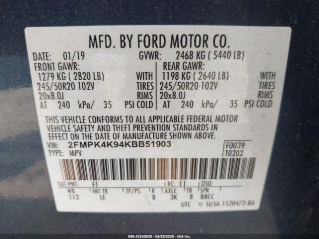 2FMPK4K94KBB51903 Ford Edge Titanium