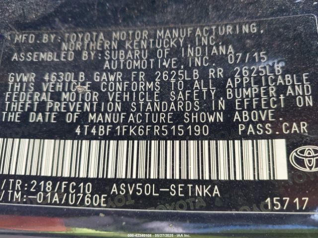4T4BF1FK6FR515190 Toyota CAMRY LE