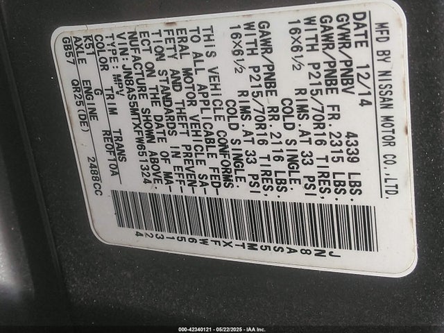 JN8AS5MTXFW651324 Nissan Rogue Select S