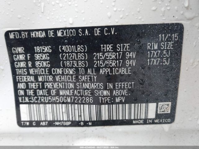 3CZRU5H50GM722286 Honda HR-V EX