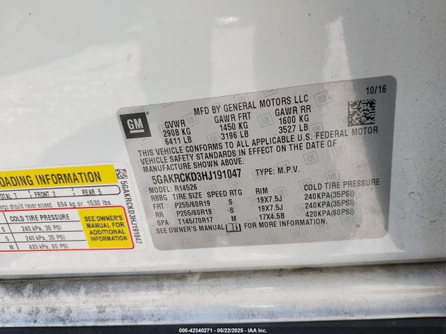 5GAKRCKD3HJ191047 Buick llt - alum, 60 degrees, sidi: spark ignited direct injection