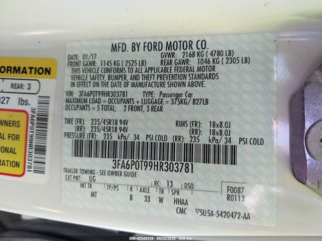 2017 FORD FUSION 3FA6P0T99HR303781 Photo 8