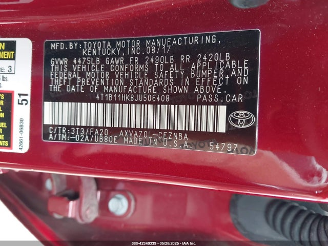 4T1B11HK8JU506408 Toyota CAMRY LE