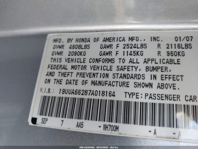 2007 ACURA TL 19UUA66287A018164 Photo 8