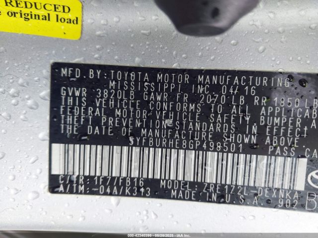 5YFBURHE8GP498501 Toyota 2zr-fe