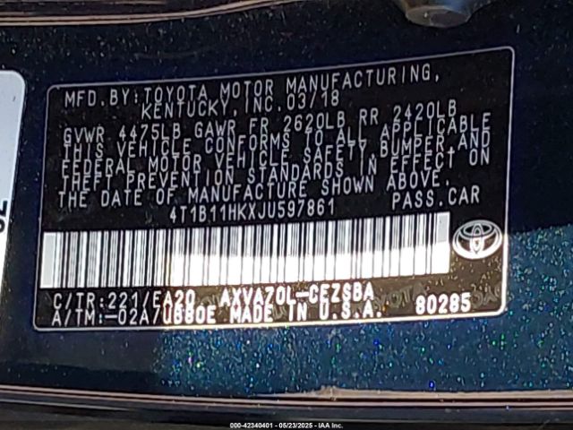 2018 TOYOTA CAMRY 4T1B11HKXJU597861 Photo 8