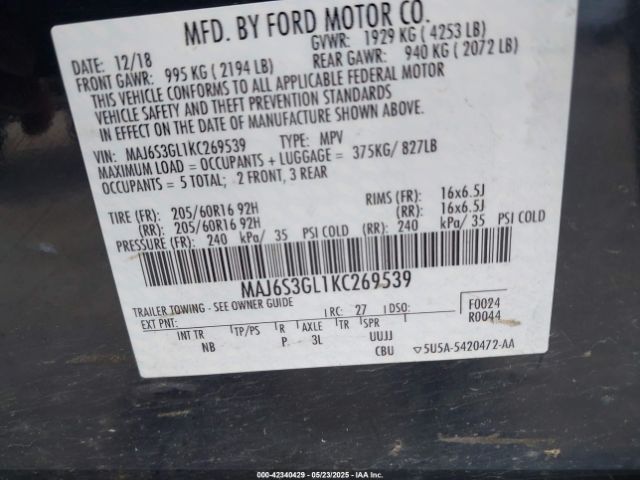 2019 FORD ECOSPORT MAJ6S3GL1KC269539 Photo 8