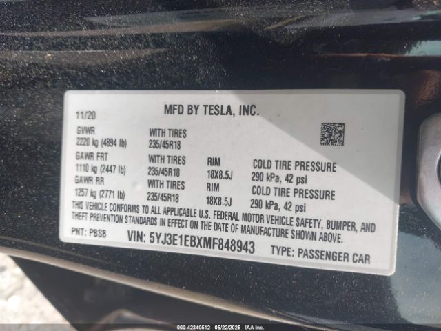 2021 TESLA MODEL 3 5YJ3E1EBXMF848943 Photo 8