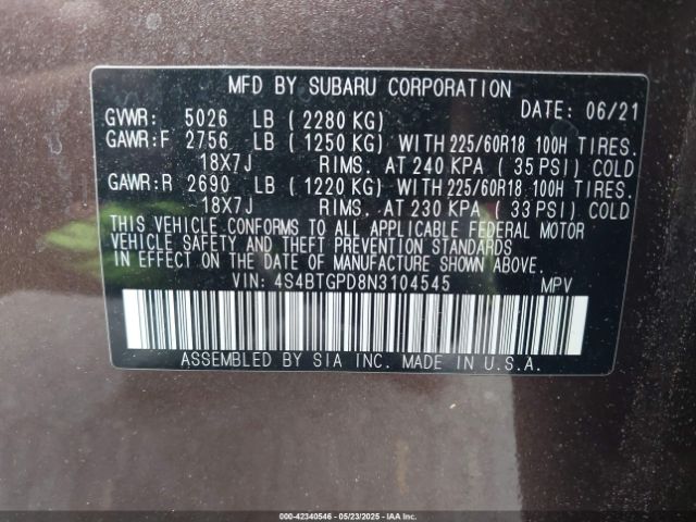 2022 SUBARU OUTBACK 4S4BTGPD8N3104545 Photo 8
