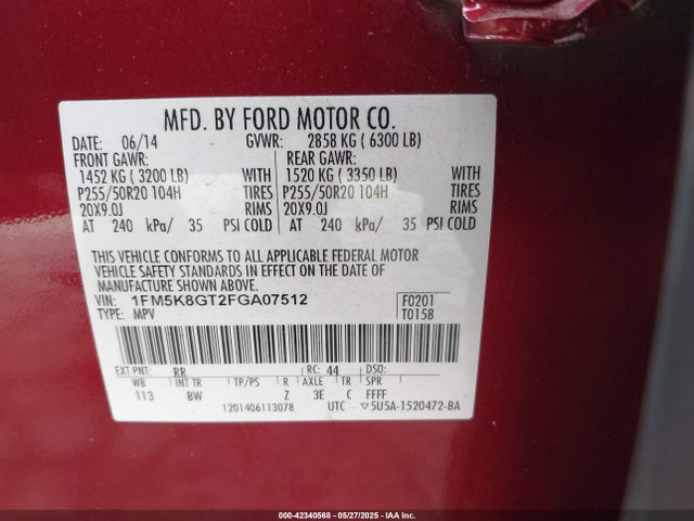 1FM5K8GT2FGA07512 Ford 2015