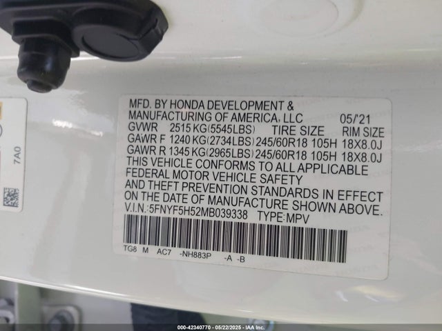Honda Pilot 2wd Ex-l 2021 5FNYF5H52MB039338 Image 9
