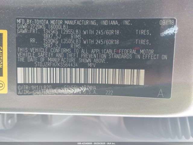 5TDJZRFH7KS564434 Toyota Highlander Xle