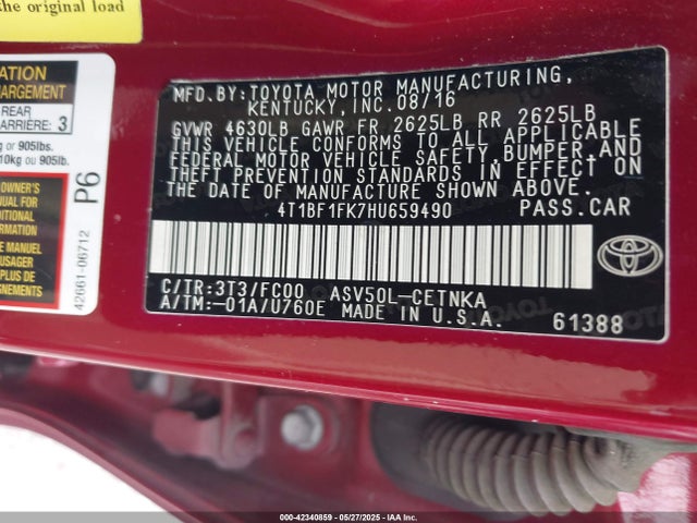 4T1BF1FK7HU659490 Toyota 2ar-fe