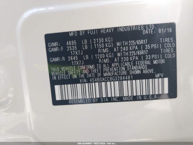 2016 SUBARU OUTBACK 4S4BSACC8G3284481 Photo 8