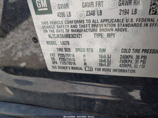 KL7CJKSB4MB302421 Chevrolet Trax Fwd Ls