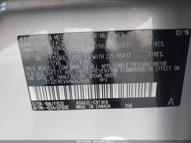 2T3ZFREV4HW342699 Toyota RAV4 LE
