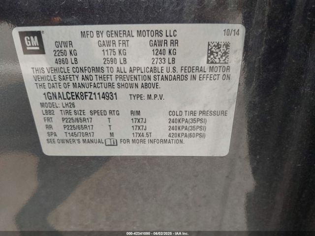 1GNALCEK8FZ114931 Chevrolet lea - flex fuel (gas/alc), aluminum, ho,
