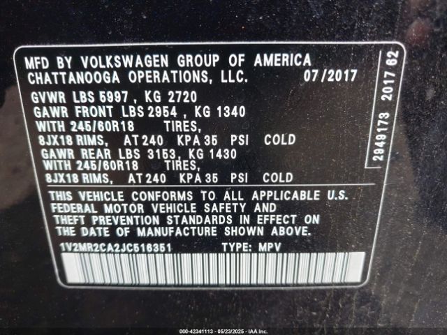 1V2MR2CA2JC516351 Volkswagen Atlas 3.6l V6 Sel