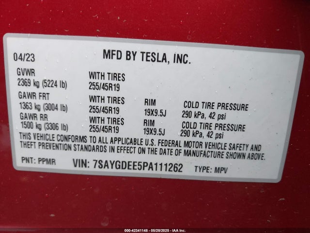 7SAYGDEE5PA111262 Tesla Model Y Awd/long Range Dual Motor All-wheel Drive