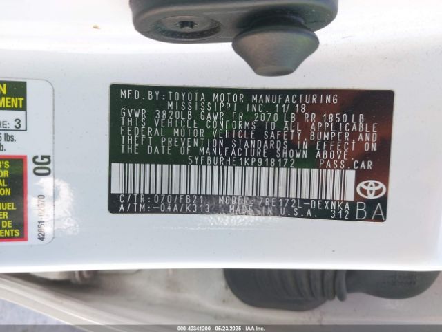 5YFBURHE1KP918172 Toyota Corolla L/le/se/xle/xse