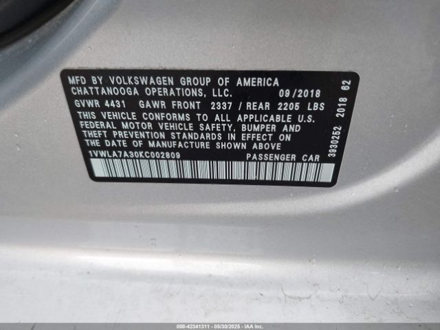 1VWLA7A30KC002809 Volkswagen Passat 2.0t Wolfsburg Edition