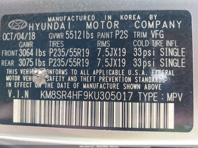 KM8SR4HF9KU305017 Hyundai Santa Fe Xl Limited Ultimate