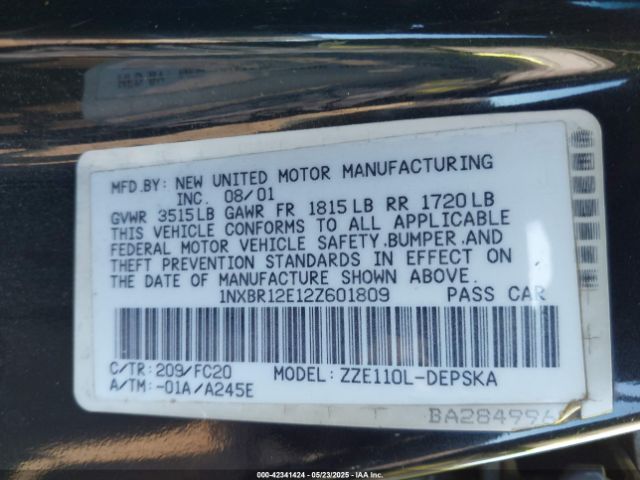 2002 TOYOTA COROLLA 1NXBR12E12Z601809 Photo 8