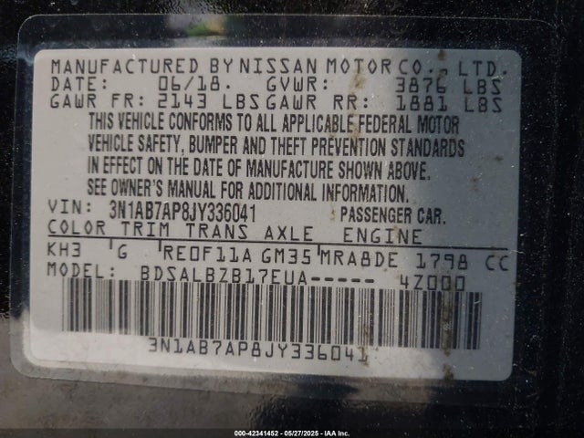 3N1AB7AP8JY336041 Nissan SENTRA S