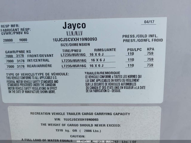 1UJCJSCVXH19N0093 Jayco Seismic 4113