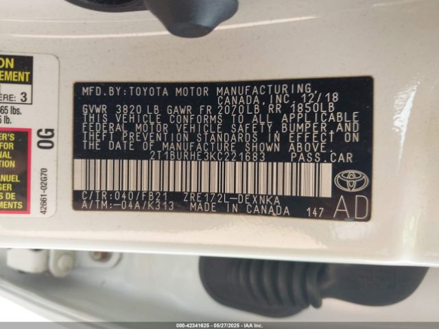 2T1BURHE3KC221683 Toyota COROLLA LE