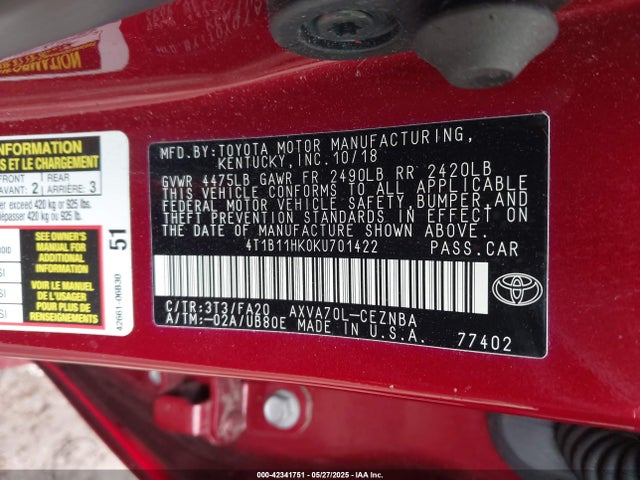 4T1B11HK0KU701422 Toyota Camry L/le/se/xle