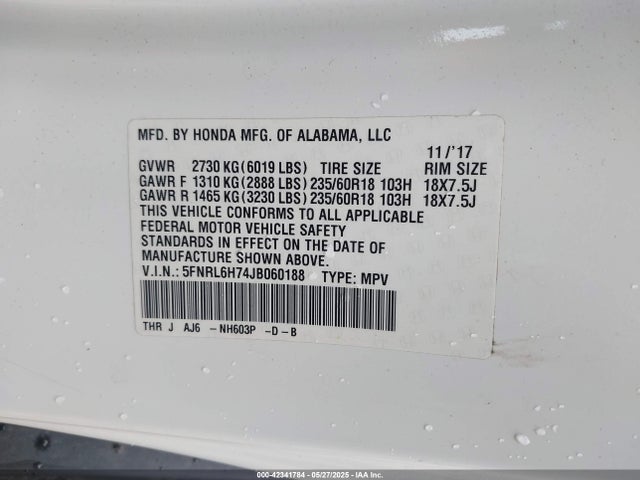 Honda j35y7 2018 5FNRL6H74JB060188 Image 9