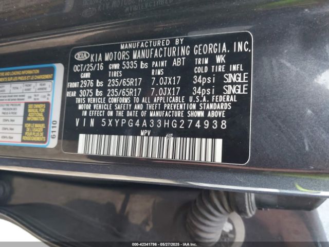 5XYPG4A33HG274938 KIA Sorento 2.4l Lx