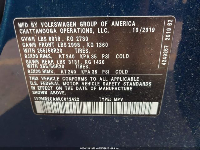 2019 VOLKSWAGEN ATLAS 1V2MR2CA6KC612422 Photo 8