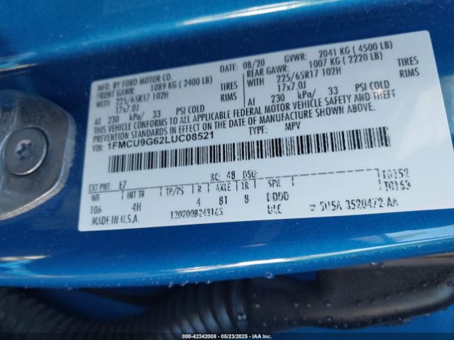 2020 FORD ESCAPE 1FMCU9G62LUC08521 Photo 8
